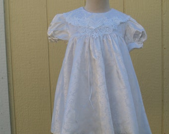 Venice Lace Collar White Baptism Dress Size 2T 3T 4T, White Satin Pattern Print Dress, Scalloped Lace Edge, Puffy Sleeve, Christening,Easter