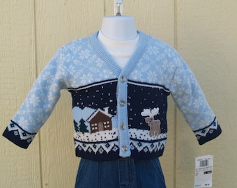 Blue Sweater Outfit boys Sizes 12M 24M Vintage new with tags, Log Cabin & Moose, Winter Sweater Set, 3 piece unisex outfit, snowflakes