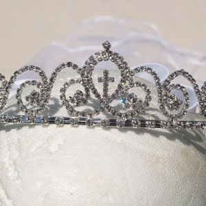 White First Communion Veil w Tiara Crown, w the Virgin,Silver Rhinestone Crystals Tiara w Cross, Satin Ribbon Bow, Tulle Veil, Tiara,
