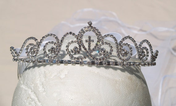 White First Communion Veil W Tiara Crown, W the Virgin or  display picture 1