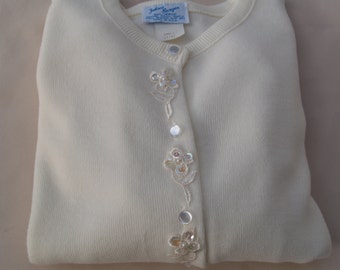 SweaterGirls Vintage w Pearl Buttons & Flower Sequins Applique, Ivory Cardigan, White Sweater, Girls Wear, Light,Machine Washable