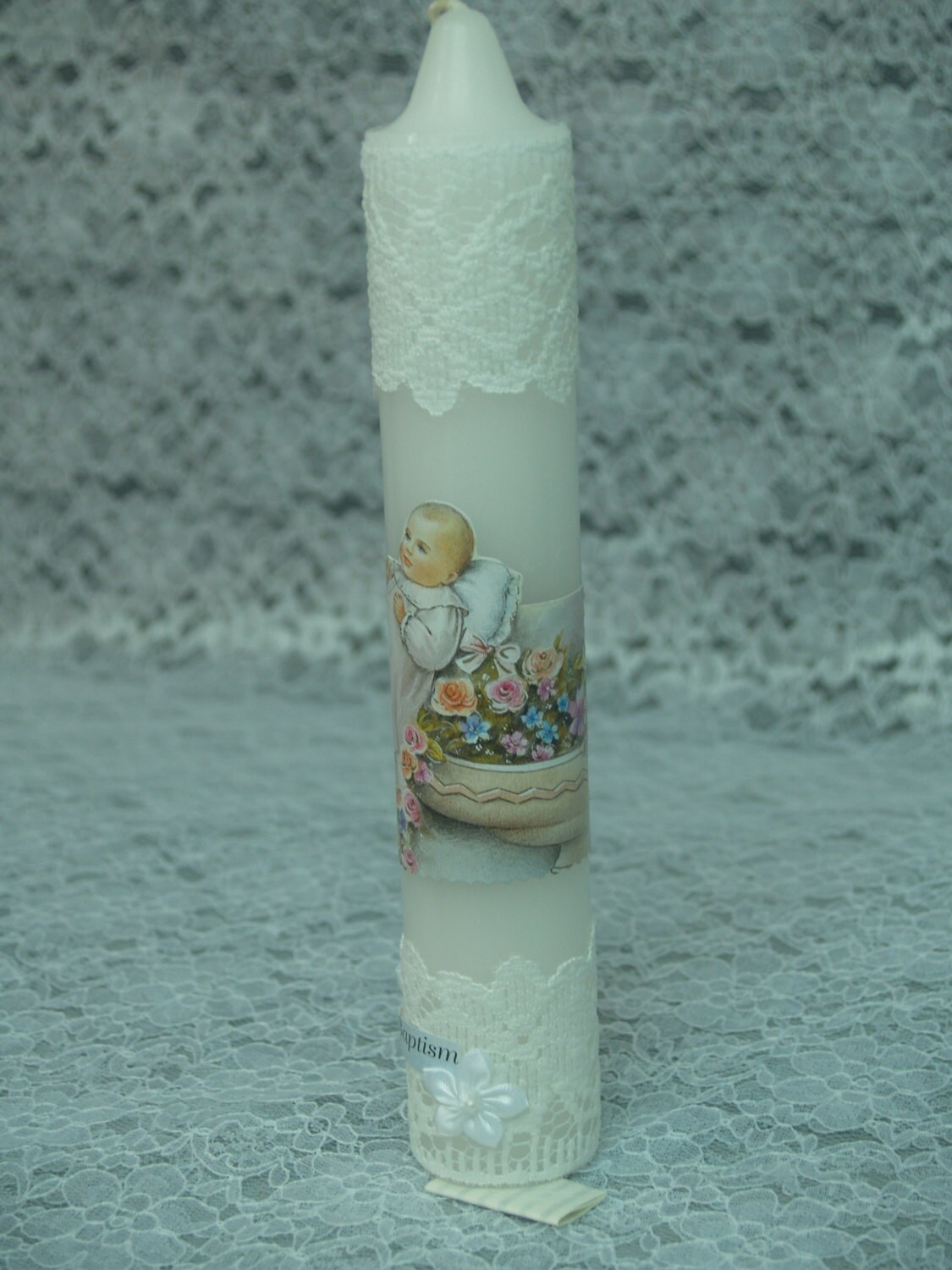 White and Green Floral Decorative Baptism Candle [C88] main image 1