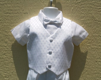 Boys Infant White Short Pants Suit & Vest w Diamond Design,Short Sleeves Shirt,Bow Tie,Cap, Baptism, Christening, Blessing Day, Ring Bearer