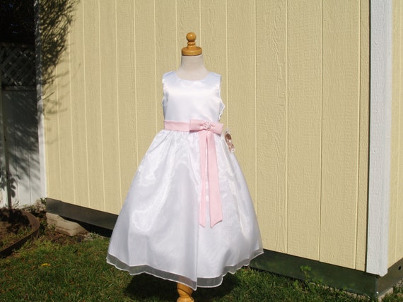 Flower girl Dress white pink attached sash, sleev… - image 2