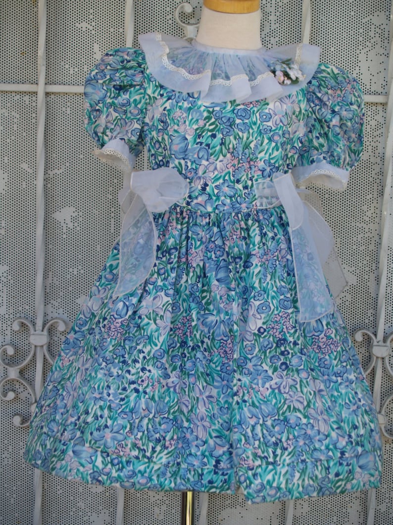 May include: A blue and white floral dress with a white lace collar and a sheer blue bow. The dress has puffed sleeves and a full skirt.