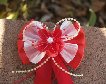 Girls RED Hair Bow organza, pearls and satin ribbon #016 for pony tails with metal barrette, White and Red, Girls Bow, Pearls, Gift