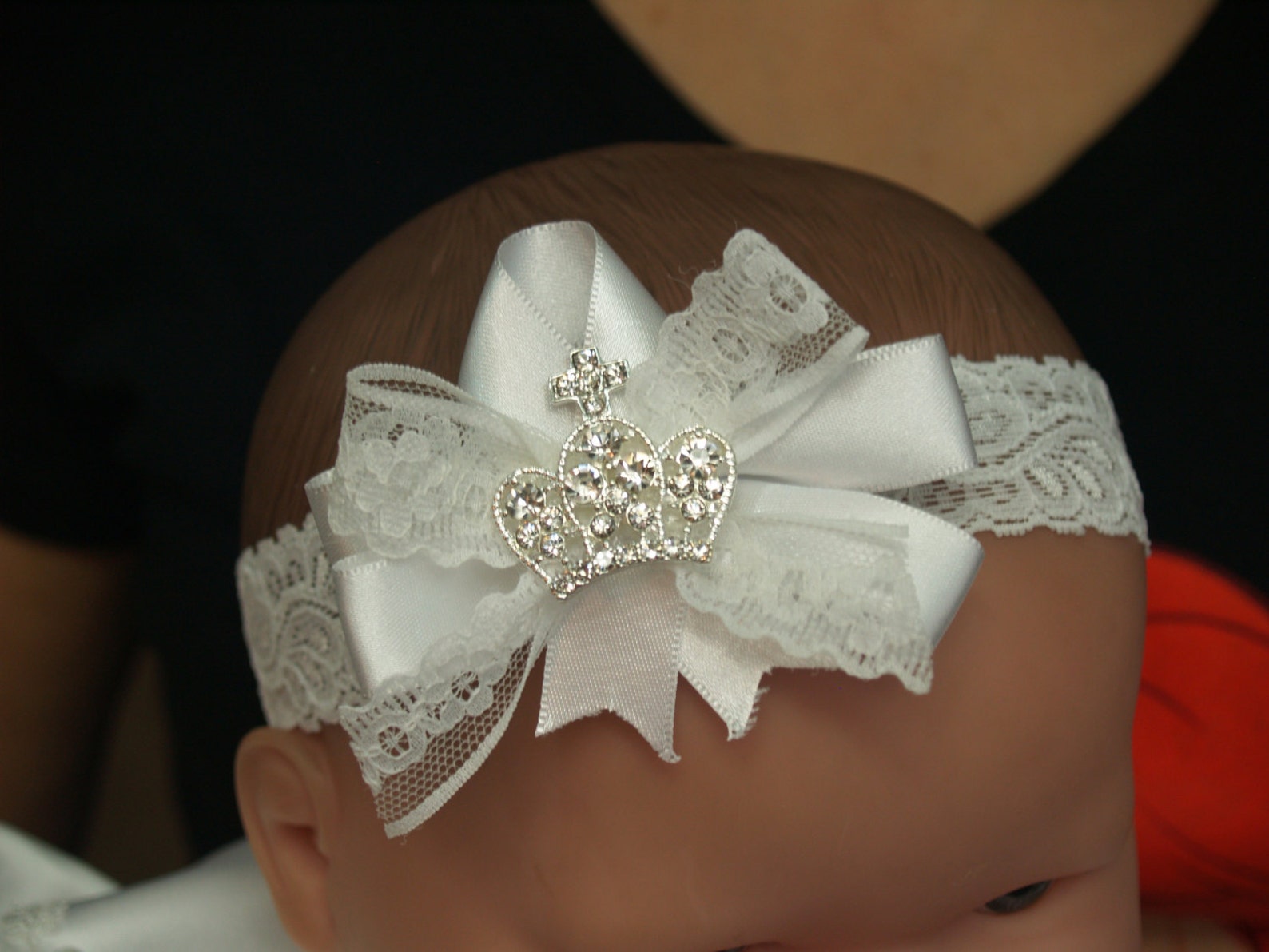 Baptism Baby Crown Hair on Lace Band and Satin Bow Stretch Etsy