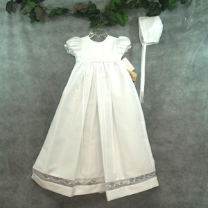 Girls Baptism Gown White, Christening, Blessing Day Wear, 3 pc Long Dress, Slip & Bonnet, Puff Sleeves,Embroidered Organza,Bows