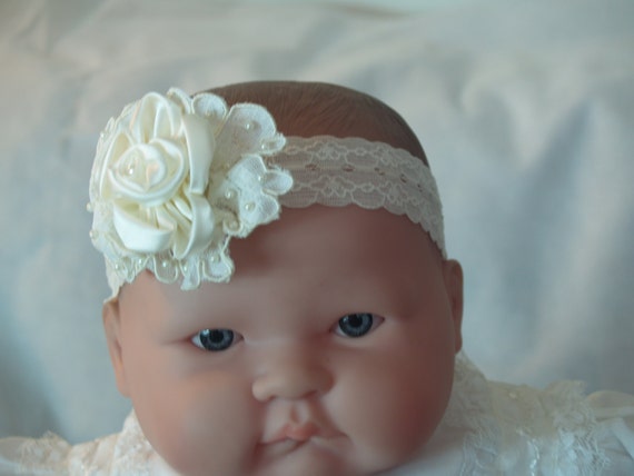 Baby Baptism Lace Headband Ivory Pearls Satin Flower, Baby 