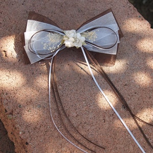 Girls Brown white Bow organza, and satin ribbon #044 for pony tails with metal barrette, Chocolate Brown & White Girls Hair Bow,Pageant,