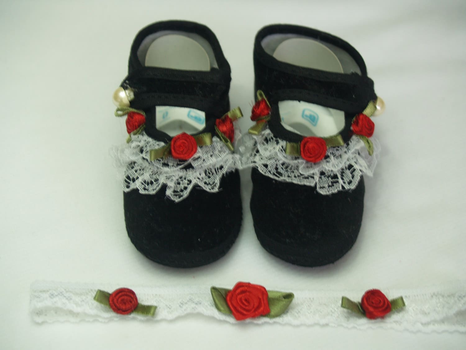 Baby Black Velvet Shoes Set W/ Red Handmade Roses & Matching Etsy