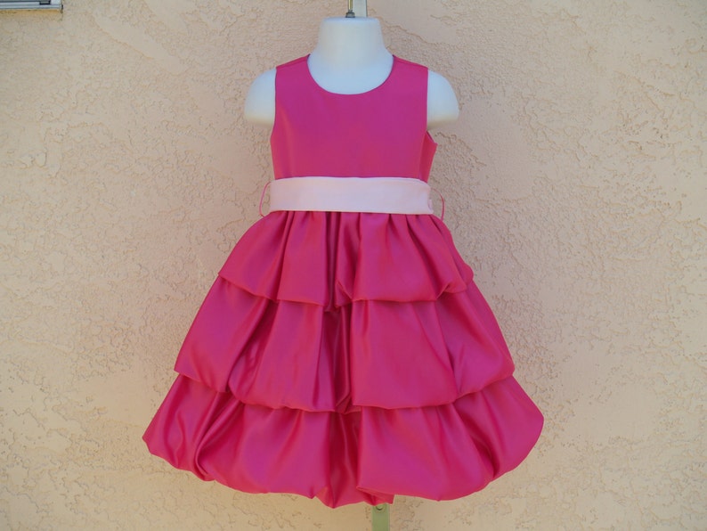 Sunday Best Flower Girl Baby Girls Short Hot Pink Shiny Satin Dress w Pink Sash,3 Tiered Layered Satin Family Photos Pageant Wedding