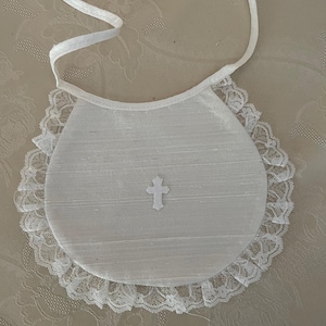 Girls Raw Silk Baptism Bib with cross, small Cross and Lace, Christening Accessory Bib for girl, Shower Gift for baby girl,Blessing Day Wear