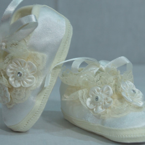 Baptism Ivory shoes girls satin booties satin flowers and rhinestones, Ivory Christening Shoes, Pageant, Baby Shower Gift, Ivory Crib Shoes