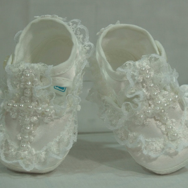 Baptism Shoes Cross with pearls satin and lace, Pearl Cross Baby Shoes, White Baby Shoes, Pageant Shoes, Christening, Baptism, Pageant Wear