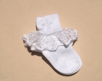 Girls White Nylon Embroidered Cross Ruffle Socks, Christening, Baptism, Frilly Socks, Special Occassion Wear, White Crosses,Ruffles