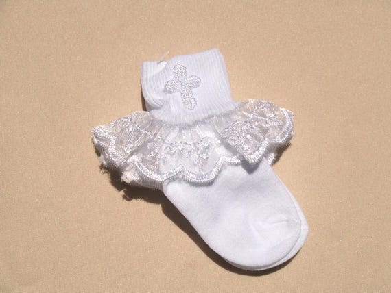 Girls White Nylon Embroidered Cross Ruffle Socks, Christening, Baptism, Frilly Socks, Special Occassion Wear, White Crosses,Ruffles