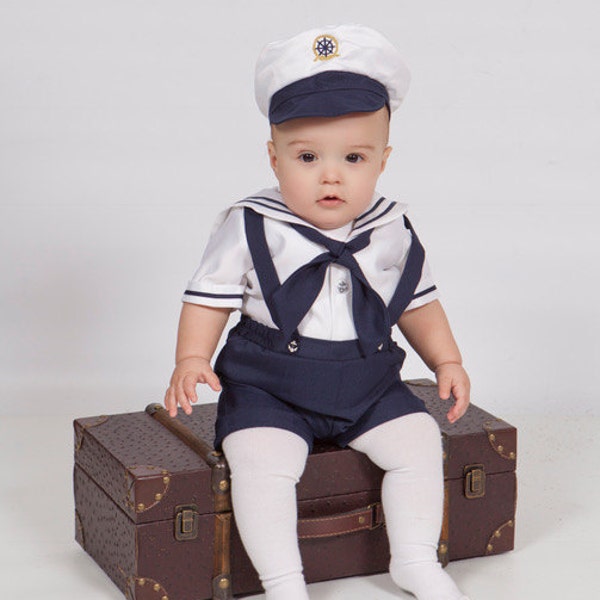 Sailor Outfit w/ Captain hat,Infant Boy sailor shorts outfit  attached suspenders, Surprise Outfit, Birthday, Picture Day, Sailor, Navy Blue