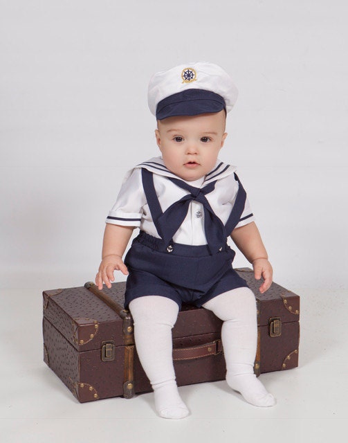 Sailor Outfit W/ Captain Hat,infant Boy Sailor Shorts Outfit Attached  Suspenders, Surprise Outfit, Birthday, Picture Day, Sailor, Navy Blue 