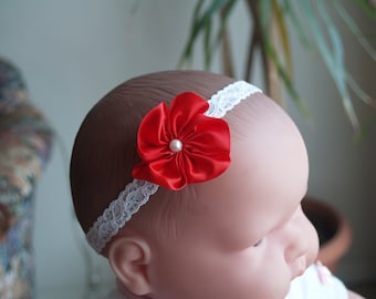 Baptism head Flower white satin on lace band, Red Satin Flower Lace Band, Christening, Blessing, Baby Shower Gift, Preemie Headband