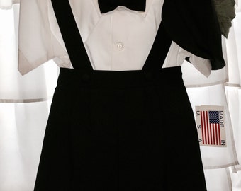Boy's Black Suit Short Pants Suspenders,Baptism set Shorts Hat Bow Tie and Shirt, Boys Christening,Blessing Day,Ring Bearer,White Outfit
