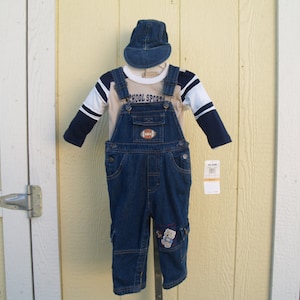 Denim boy  Overalls with Long Sleeved Shirt, Football Bear Cargo Pockets, Boy or Girl, Infant, Baby, Gift, Outfit, Size 12 months