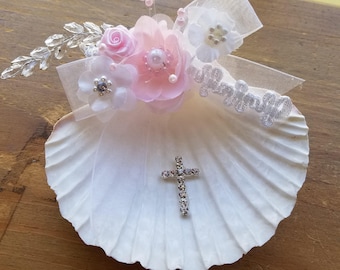 Coquillage de baptême blanc ou ivoire fait main, baptême, bénédiction, concha para bautizo, fleurs en tissu, croix en dentelle, perles, strass