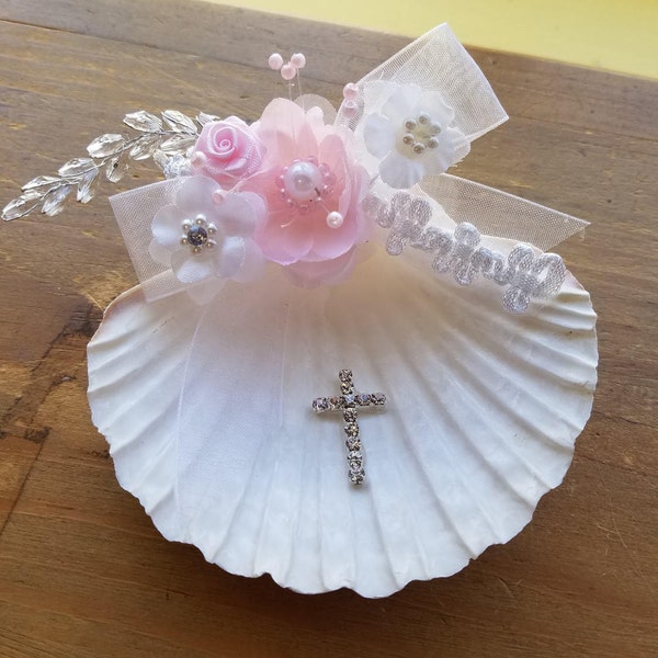 Baptism Shell for Ceremony White or Ivory handmade, Christening,Blessing, Concha Para Bautizo, Fabric Flowers,Lace Cross,Pearls,Rhinestones