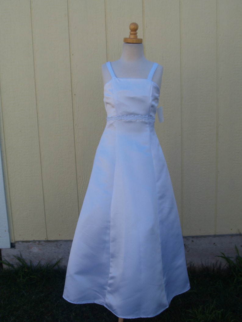 Long Floor Length Girls First Communion Dress w Bell Sleeve bolero Jacket size 10 Empire Waist A Line,Spaghtetti Adjustable White Satin