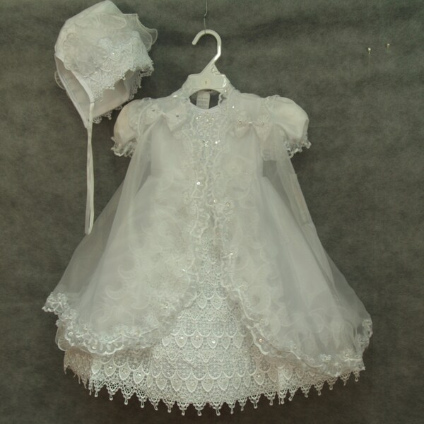 Puffy Sleeve Frilly White Baptism Dress, Matching Bonnet & Cape, Princess Gown, Christening, Pageant Wear, Baby Girls Fancy White Dress,