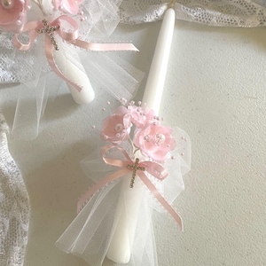 Pink BAPTISM Candle for ceremony white blue or pink, Christening candle,Blessing Day baby candle,Ceremony Candle Lgth 9 1/2&quot; x 5/8&quot; Diameter