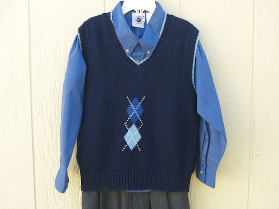 CecysChildren Boy's Blue Argyle Sweater Vest \u0026 Slacks, Vintage Argyle Vest, Gray Slacks,Size 6 Blue Button Down Shirt, Holiday Outfit, Wedding Outfit
