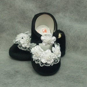 Baby Black Shoes Velvet Mary Jane white satin flowers, Infant Baby Sizes 0,1,2, Black Velvet Soft Sole Crib Shoes, Mary Janes, Pearl Button