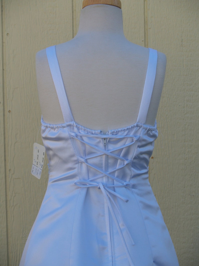 Long Floor Length Girls First Communion Dress w Bell Sleeve bolero Jacket size 10 Empire Waist A Line,Spaghtetti Adjustable White Satin