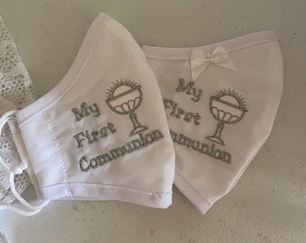 Communion Mask For Boys Or Girls with My First Communion embroidered text breathable cotton, White Communion Mask cotton with filter pocket