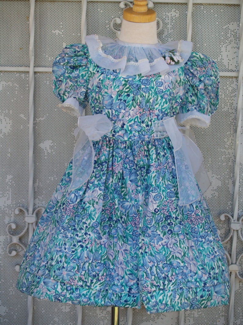 May include: A blue and white floral dress with puffed sleeves and a white lace collar. The dress has a white bow at the waist and a white tulle overlay.