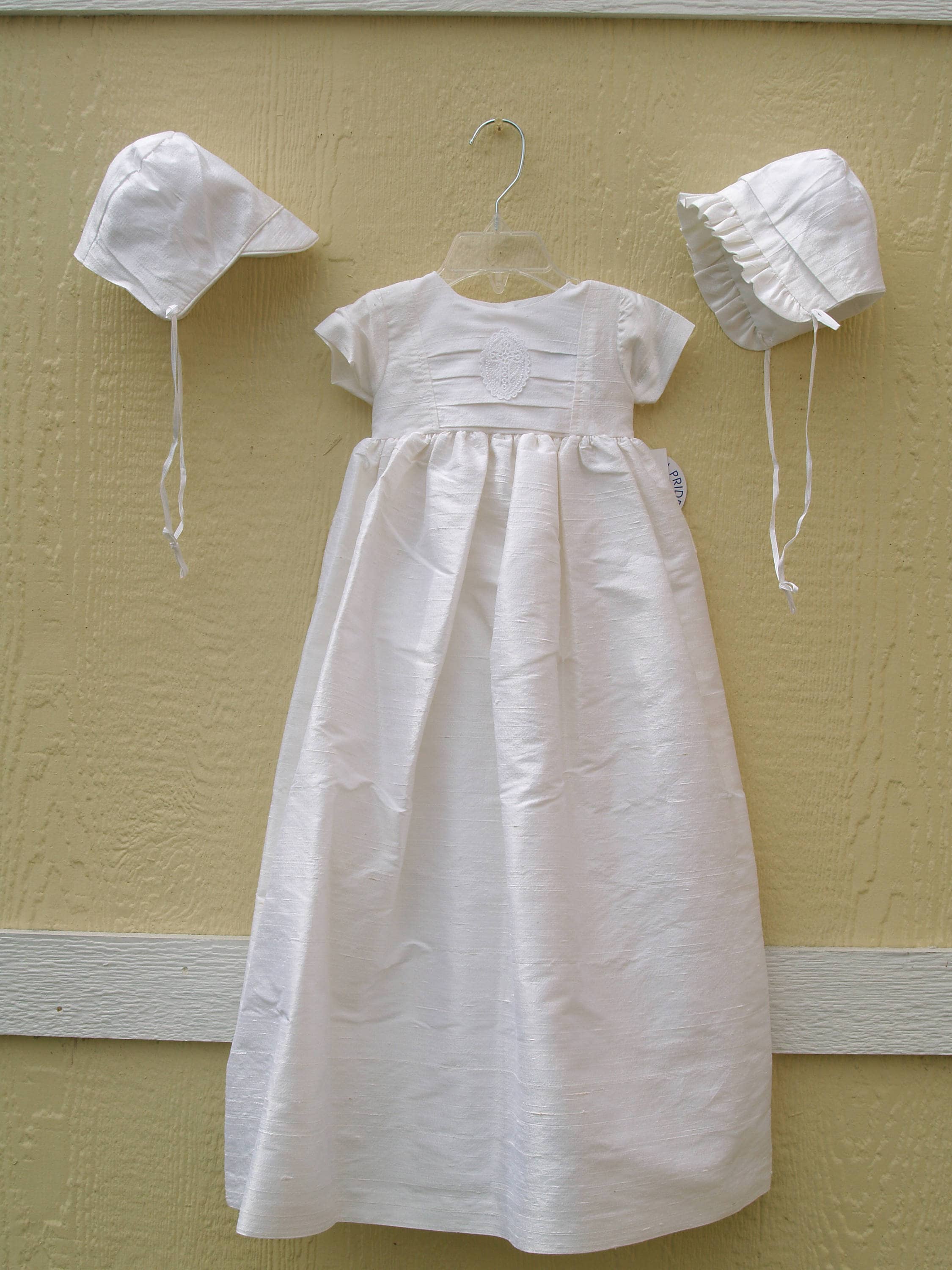 Unisex Family Style Raw Silk Long Baptism Gown, sizes 3M 6M 12M 18M Christening Gown with Boy & Girl Hats, Family Gown, Heirloom Style, Silk
