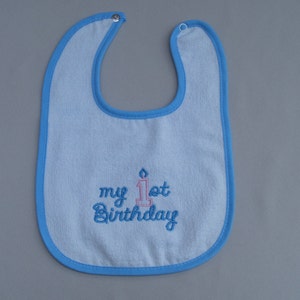 My 1st Birthday Blue Bib, Blue Embroidered Birthday Bib, Boys Bib, Infant, Baby Bib, Pink Candle, Vintage Alexis Terry Bib, 100% Cotton Bib