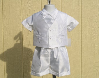 Infant and Toddler Boys Baptism Shorts Suit, Raw Silk Style, Boys Vest and Shorts, Embroidered Cross, matching Cap,Christening Wear,Blessing