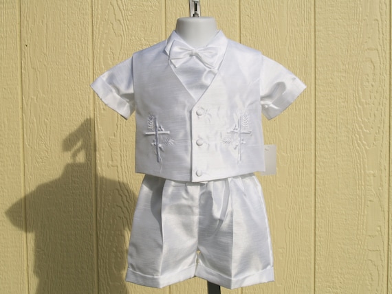 Baby Boy Christening Baptism white Outfit//Pants//Vest//Cross//4 pieces Outfit//XS-XL