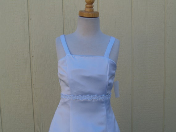 Long Floor Length Girls First Communion Dress w Bell Sleeve bolero Jacket size 10 Empire Waist A Line,Spaghtetti Adjustable White Satin