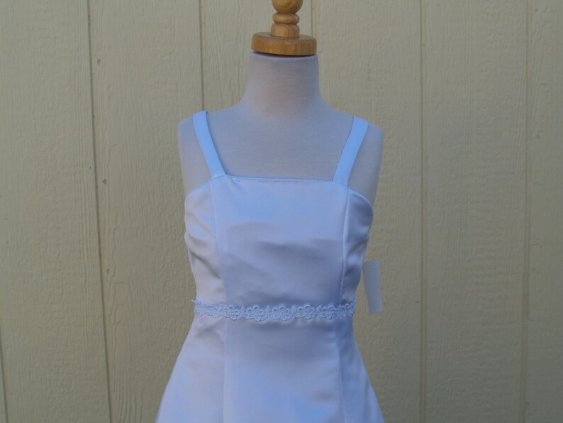 Long Floor Length Girls First Communion Dress w Bell Sleeve bolero Jacket size 10 Empire Waist A Line,Spaghtetti Adjustable White Satin