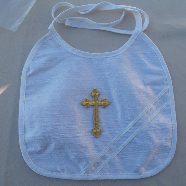 SILK Baptism Bib Boy gold Cross appliqué, Raw Silk Off White almost Ivory UNISEX Bib for Christening, Blessing Accessory, Baby Gift, Outfit