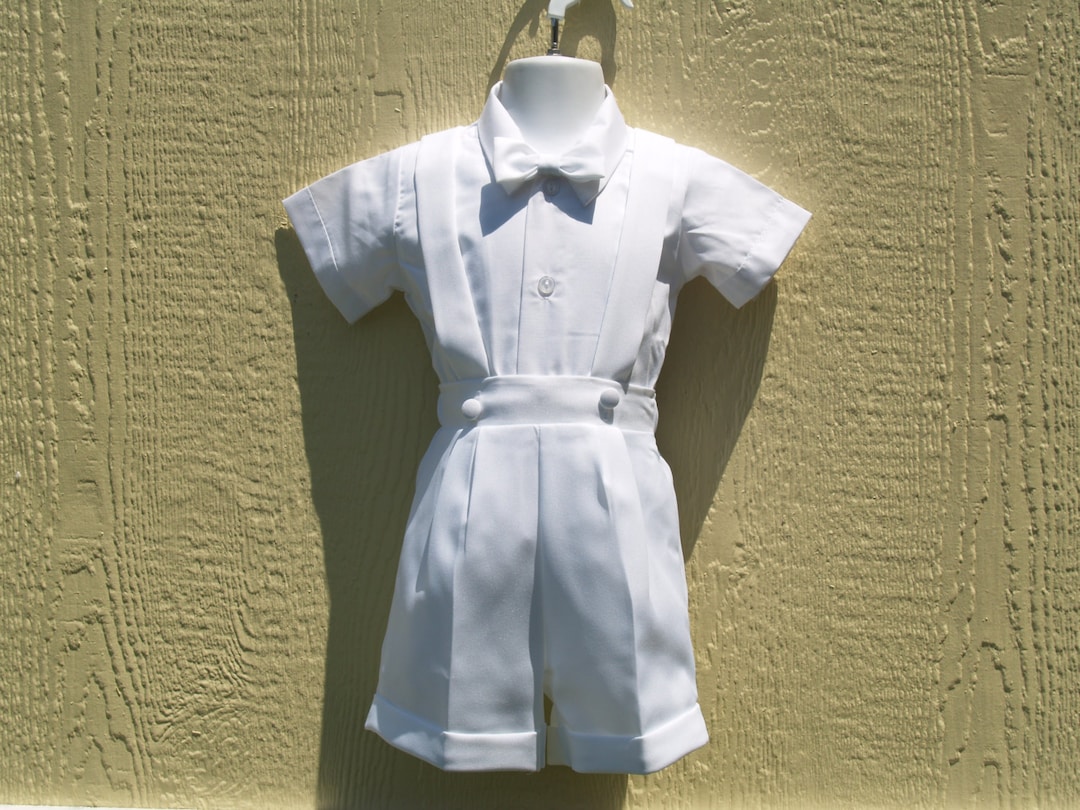 Boy's White Baptism Suit Short Pants With Attached Suspenders,sleeve