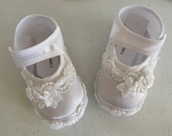 Baby BAPTISM Shoes girls White and white more colors, Christening Shoes, Pageant Wear, Soft Sole Crib Shoes, Satin Ribbon, White Satin