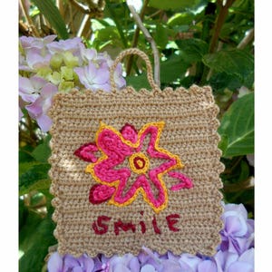 Crocheted 'Smile' Wall Art: Embroidered Flower, Teacher's Gift