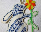 Bunny Hanging Deco, Bespoke Gift Idea, Cream and Navy, Felt Animal, Animal Lover, Unique Gifts, Embroidered Animal