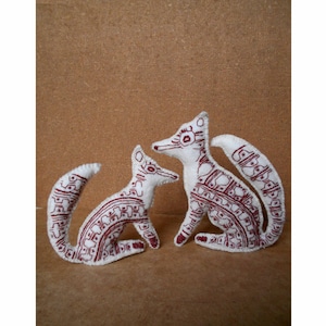 Handsewn Fox Felt Ornament: Mother and Cub, Cream & Maroon