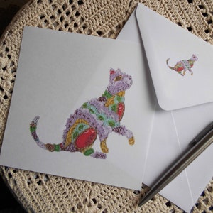 Textile Cat Greeting Card: Unique Stationery, Personalised Notelet (Pack of 4)