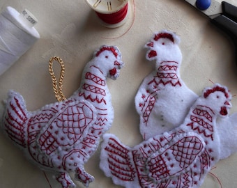 Christmas, Hen, Chicken Decor, Chicken Gift, Red and White, Personalised, Handmade Bird, Hanging Bird, Red Embroidery, Custom Gift, A Pair